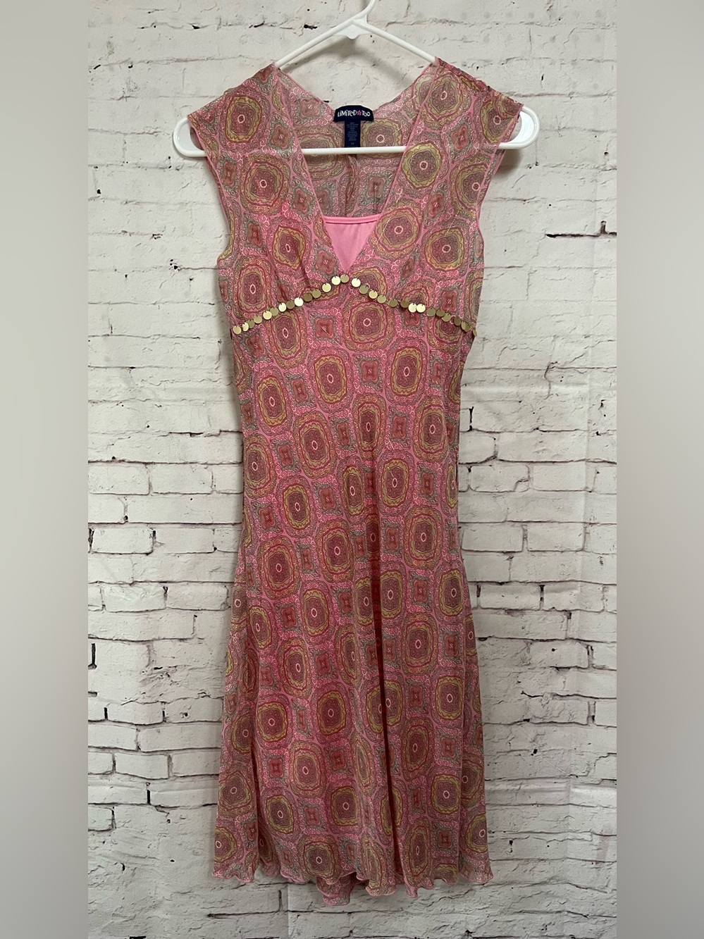 VTG Limited Too Y2K Pink Midi Dress Sz 14 Paisley Boho Fairy Gold Coin Tween